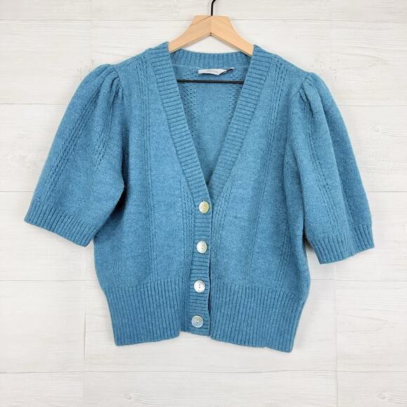 Anthropologie Greylin Puff Short Sleeve Cardigan Sweater Large Teal Romantic - Picture 13 of 13